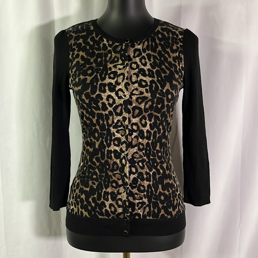 NWT Ann Taylor Leopard Print Extrafine Merino Wool Button Front Cardigan